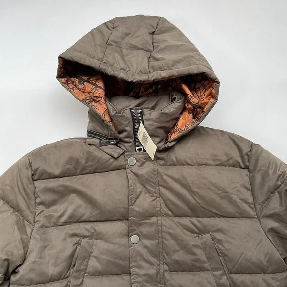 $298 Guess Men’s Alta Nylon Puffer Long Jacket With Hood In Light Brown Size XL